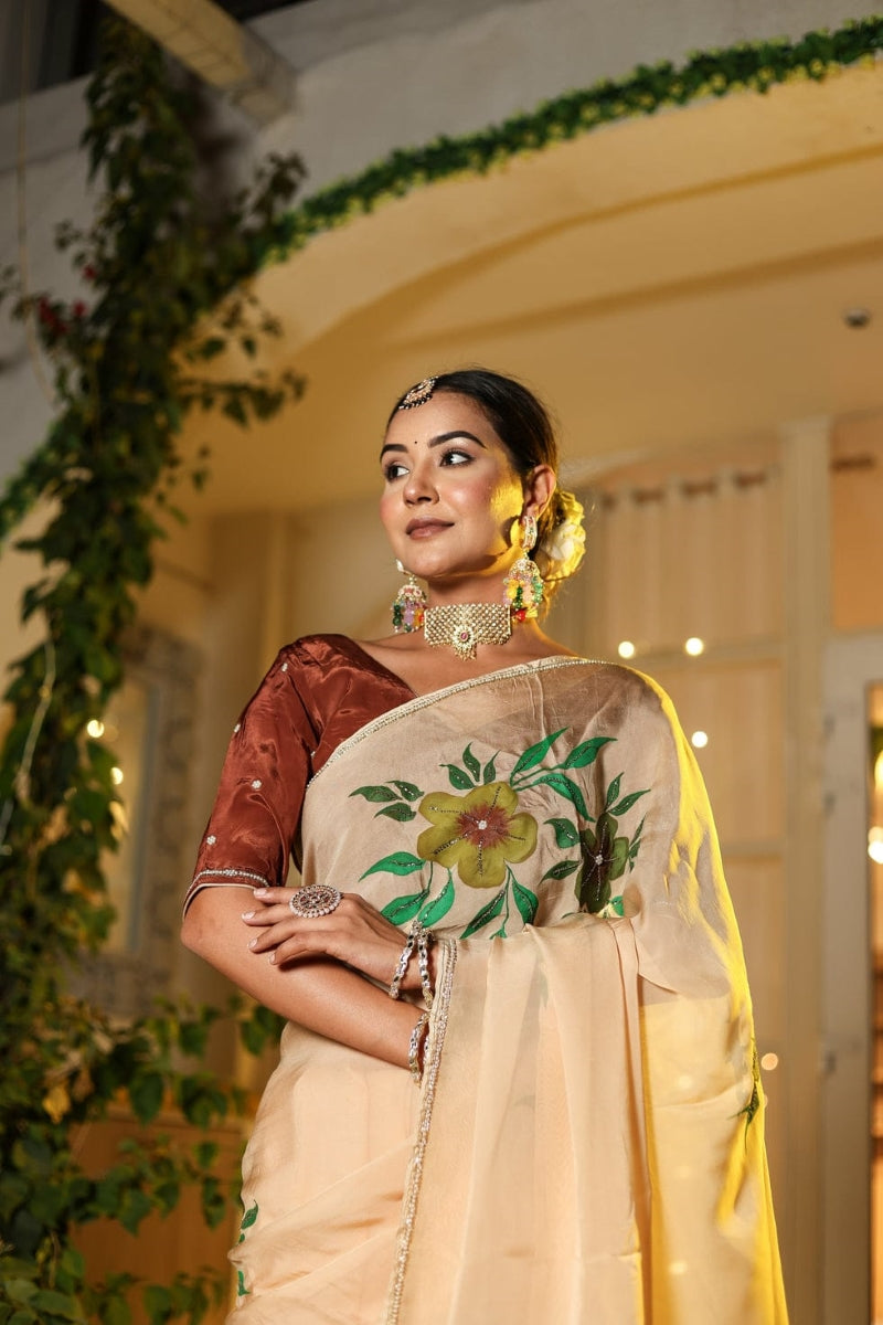GeorgetteGold 1 Minute Ready To Wear Peach Orange Digital Printed Georgette Silk Saree