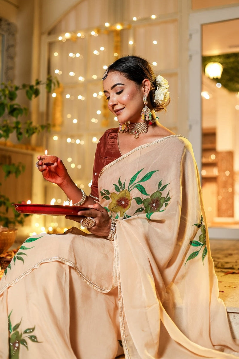 GeorgetteGold 1 Minute Ready To Wear Peach Orange Digital Printed Georgette Silk Saree