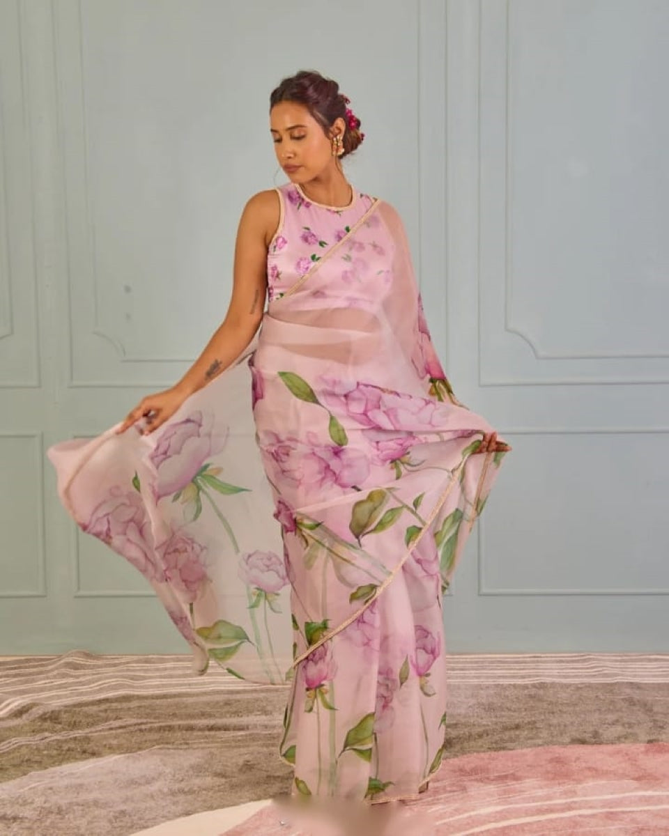 NoorLoom 1 Minute Ready To Wear Baby Pink Digital Printed Georgette Silk Saree