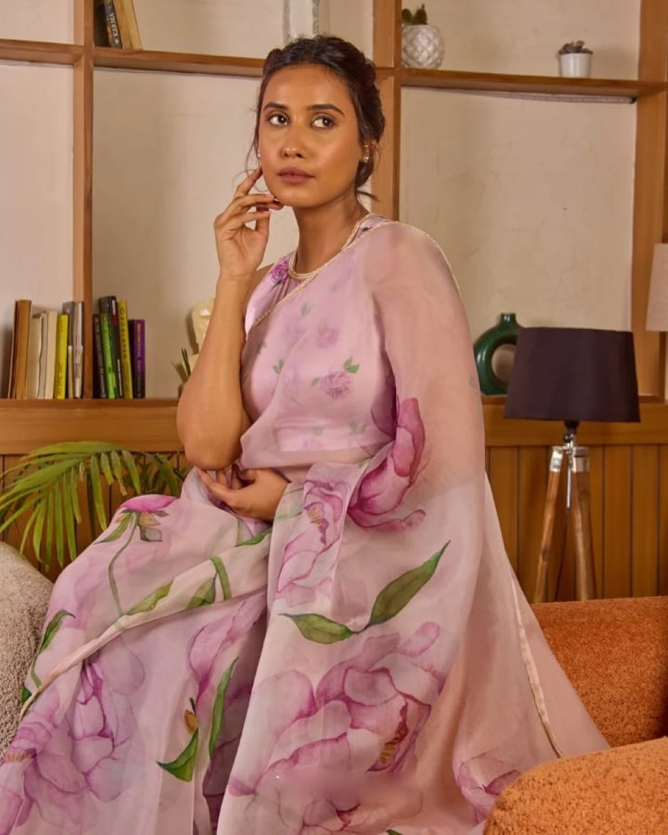 NoorLoom 1 Minute Ready To Wear Baby Pink Digital Printed Georgette Silk Saree