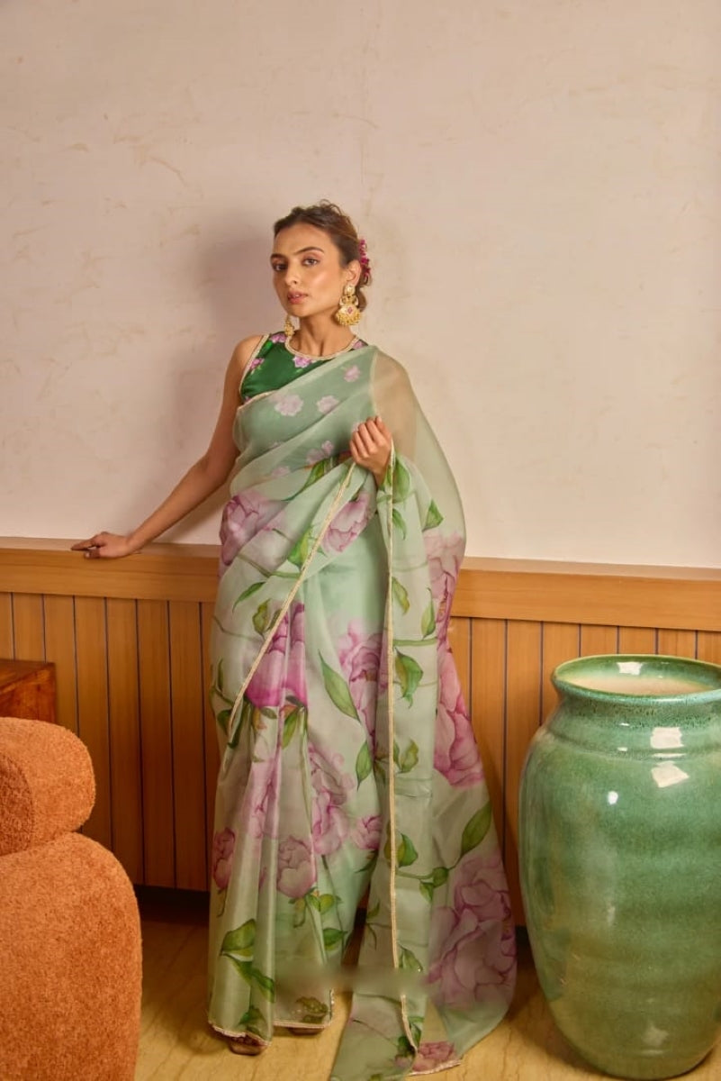 RoyaleVeil 1 Minute Ready To Wear Green Digital Printed Georgette Silk Saree