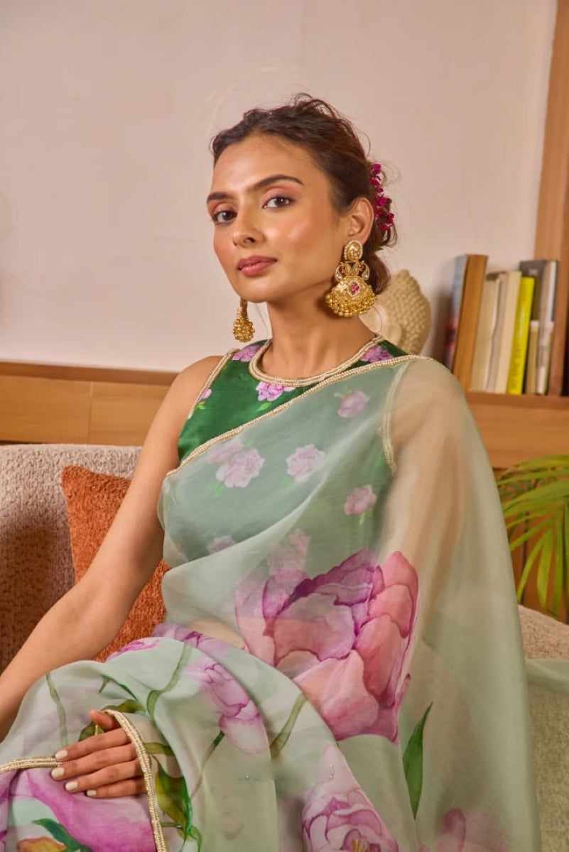 RoyaleVeil 1 Minute Ready To Wear Green Digital Printed Georgette Silk Saree