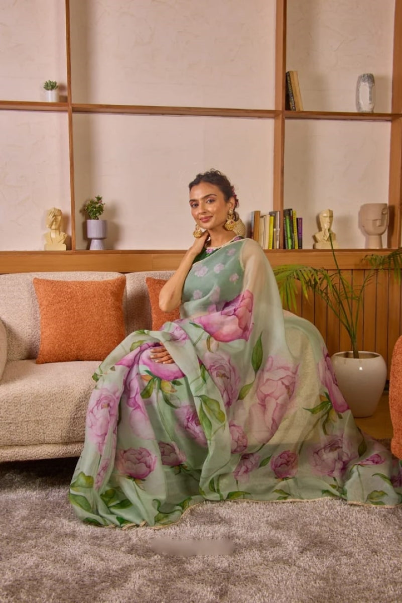 RoyaleVeil 1 Minute Ready To Wear Green Digital Printed Georgette Silk Saree