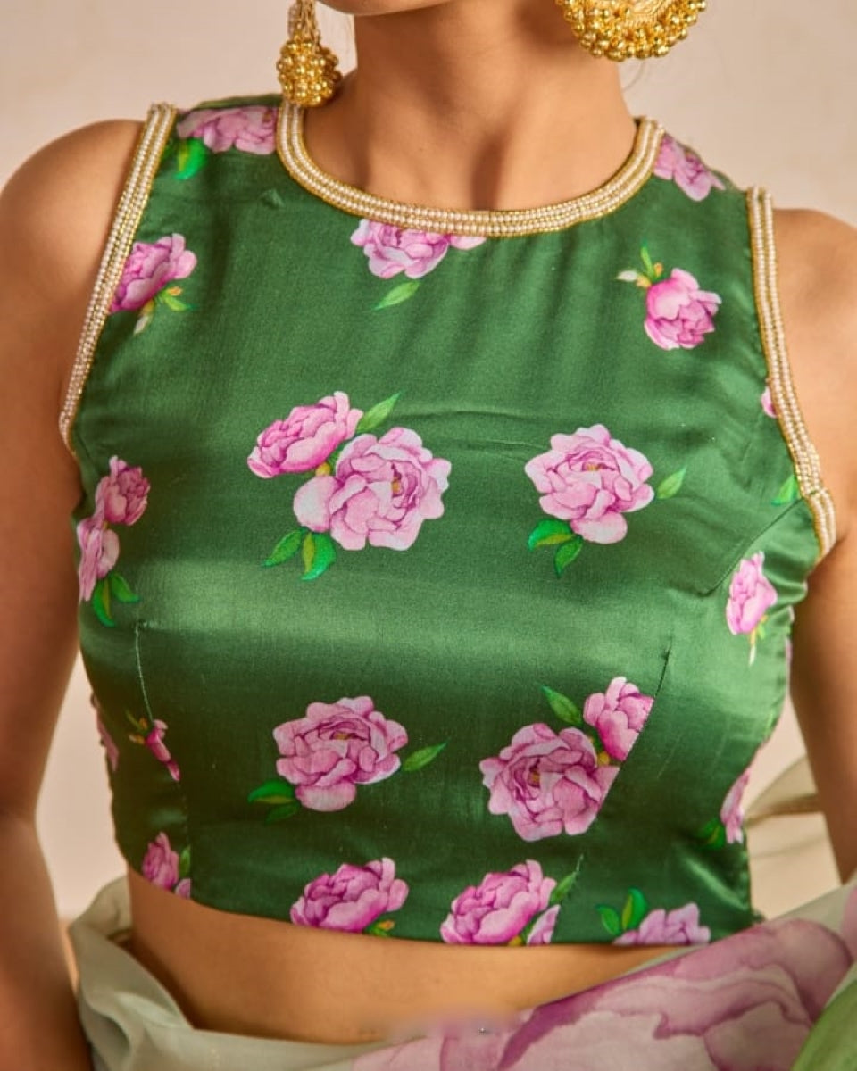 RoyaleVeil 1 Minute Ready To Wear Green Digital Printed Georgette Silk Saree