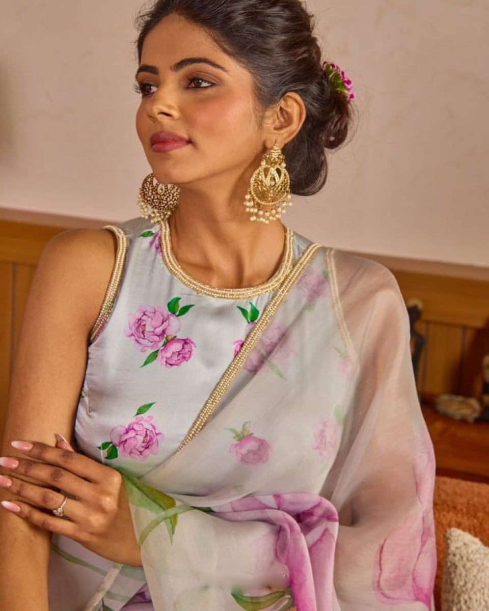 MehfilMuse 1 Minute Ready To Wear Patel Grey Digital Printed Georgette Silk Saree