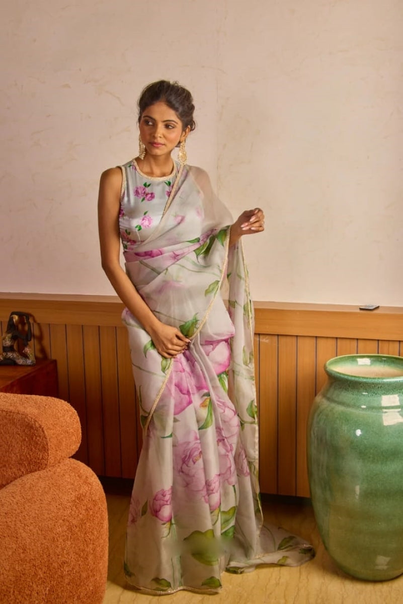 MehfilMuse 1 Minute Ready To Wear Patel Grey Digital Printed Georgette Silk Saree