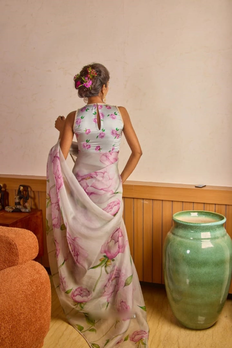 MehfilMuse 1 Minute Ready To Wear Patel Grey Digital Printed Georgette Silk Saree