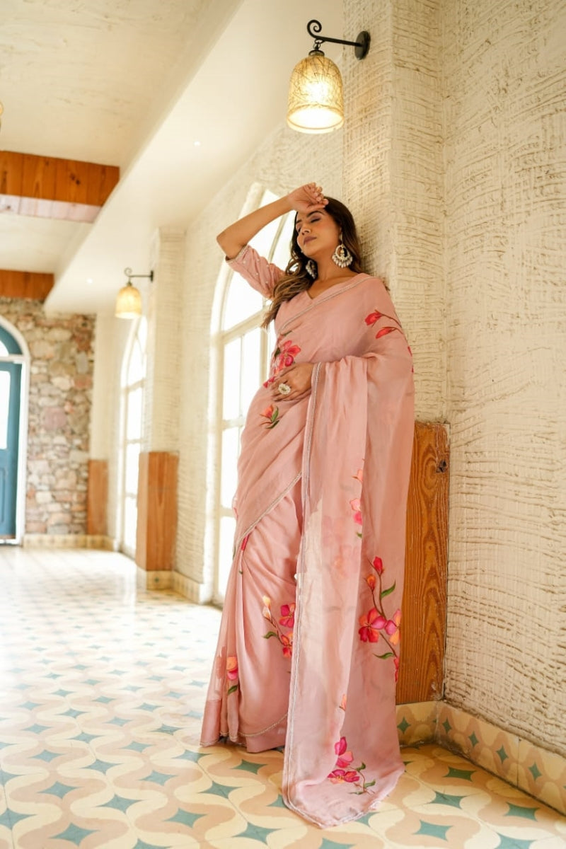Opulenza 1 Minute Ready To Wear Rose Pink Digital Printed Georgette Silk Saree