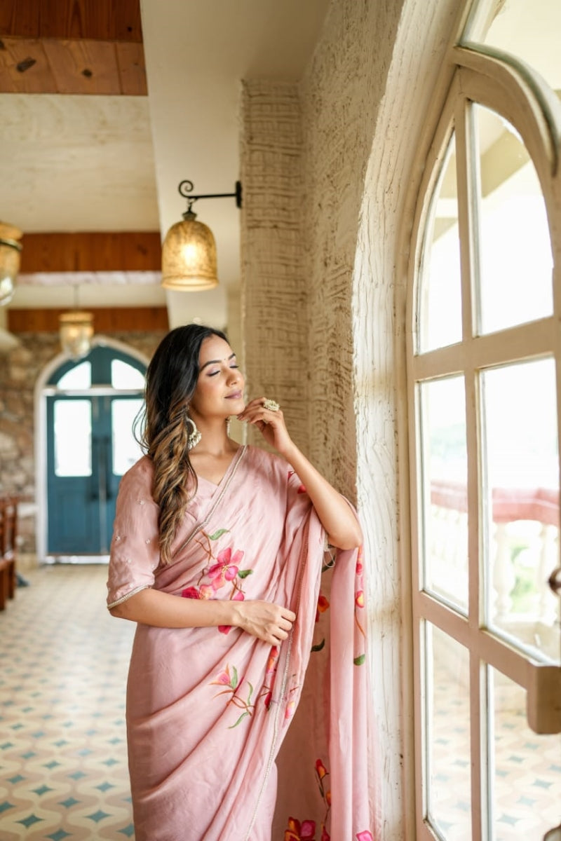 Opulenza 1 Minute Ready To Wear Rose Pink Digital Printed Georgette Silk Saree