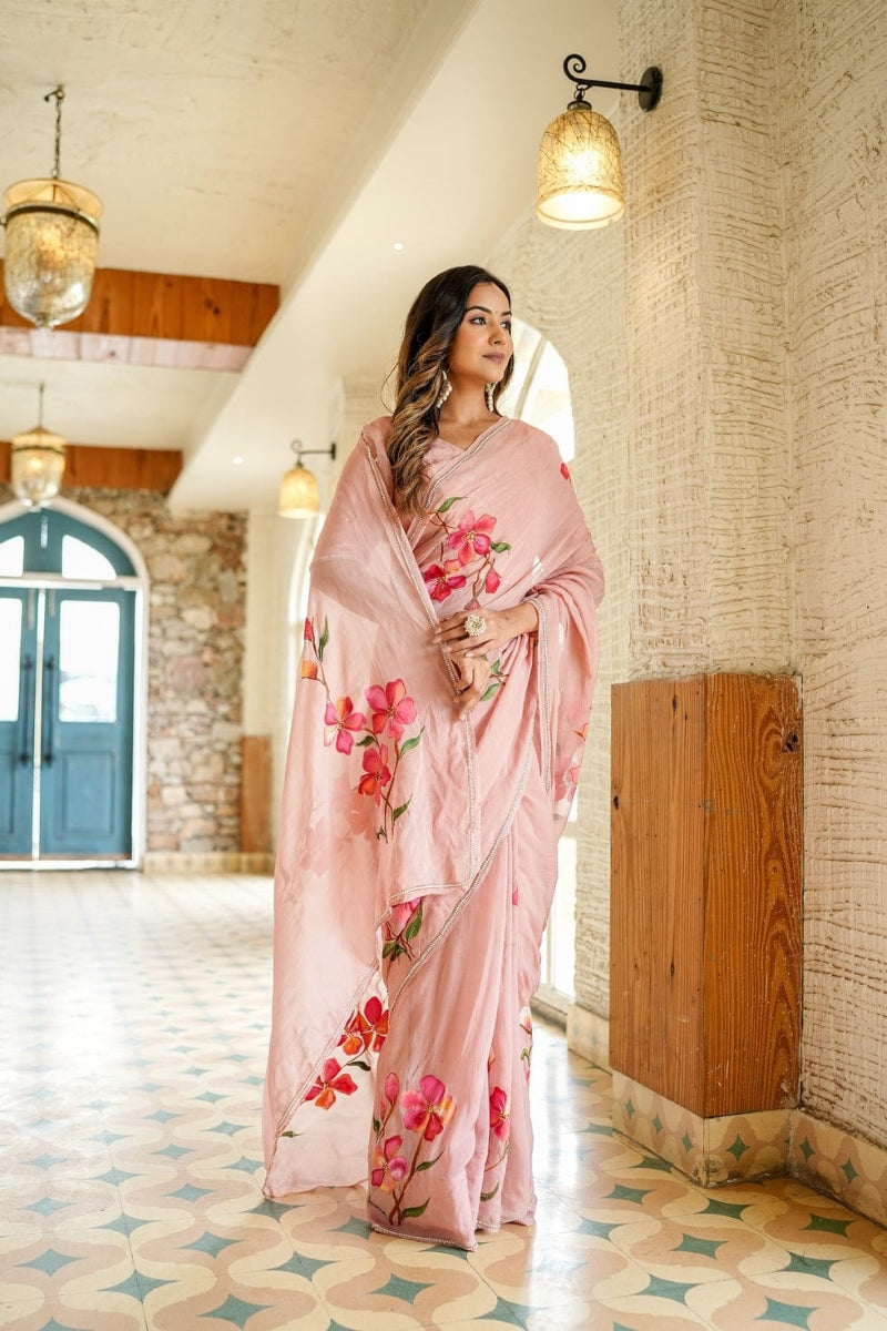 Opulenza 1 Minute Ready To Wear Rose Pink Digital Printed Georgette Silk Saree