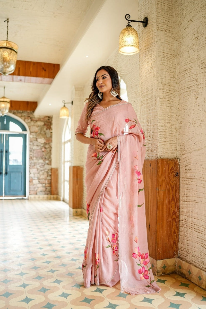 Opulenza 1 Minute Ready To Wear Rose Pink Digital Printed Georgette Silk Saree