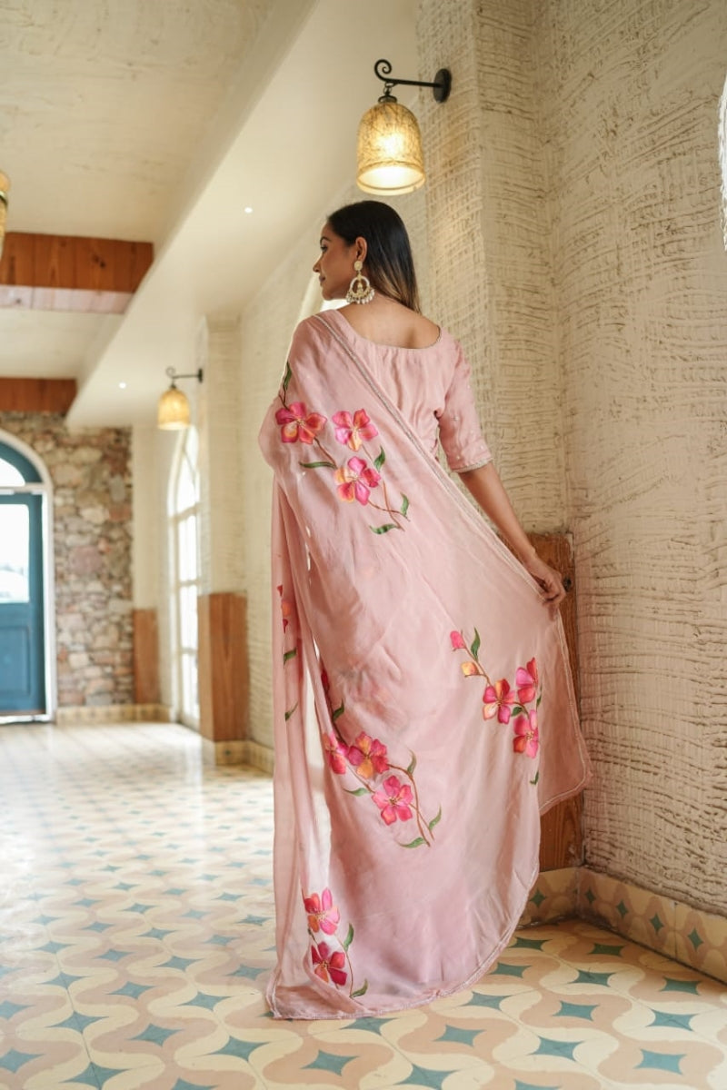 Opulenza 1 Minute Ready To Wear Rose Pink Digital Printed Georgette Silk Saree