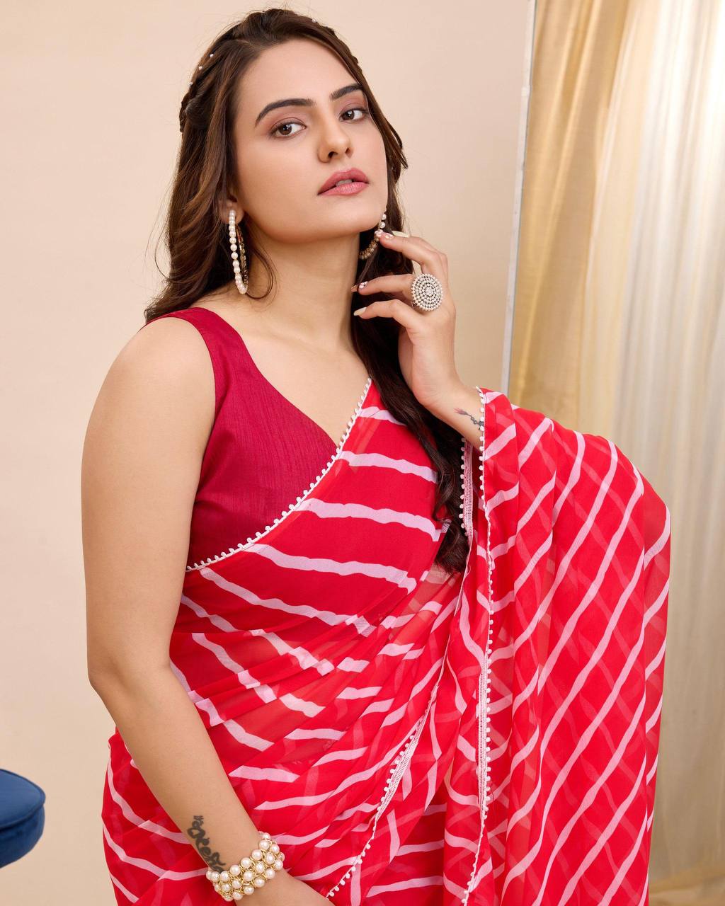 RiwaazWrap 1 Minute Ready To Wear Tomato Red Digital Printed Georgette Silk Saree