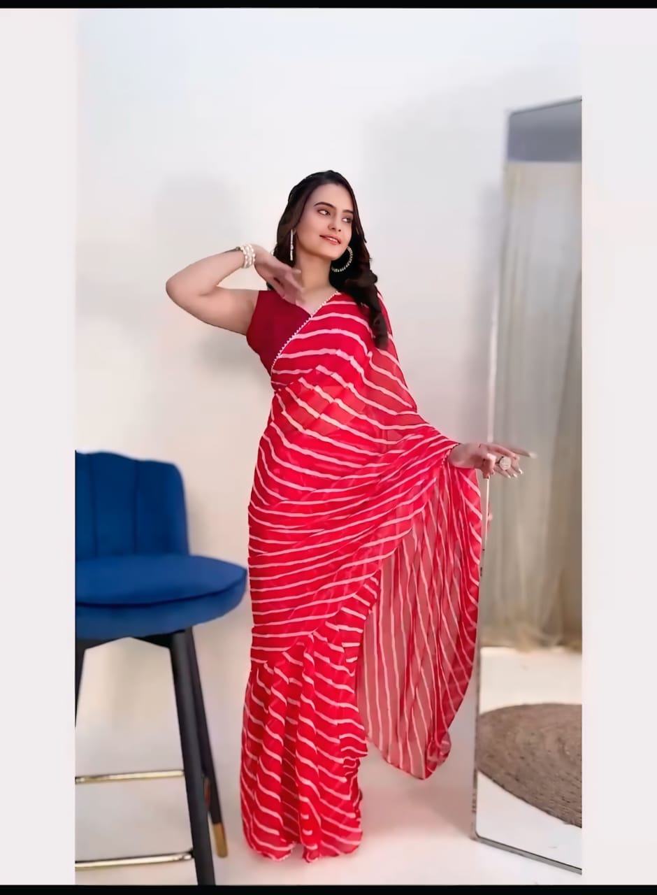 RiwaazWrap 1 Minute Ready To Wear Tomato Red Digital Printed Georgette Silk Saree