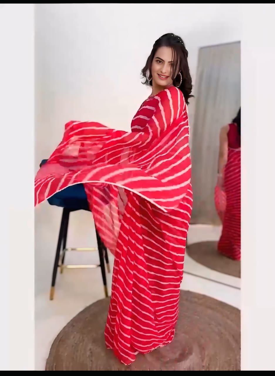 RiwaazWrap 1 Minute Ready To Wear Tomato Red Digital Printed Georgette Silk Saree