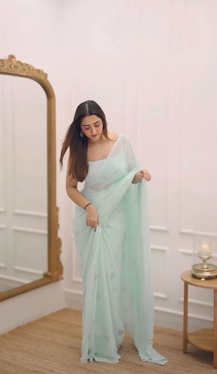 ColorKriti 1 Minute Ready To Wear Greenish Cyan Digital Printed Georgette Silk Saree