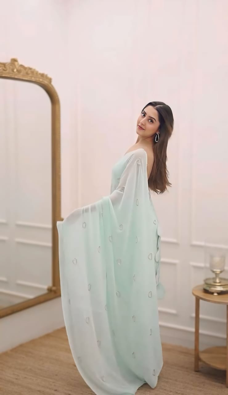 ColorKriti 1 Minute Ready To Wear Greenish Cyan Digital Printed Georgette Silk Saree