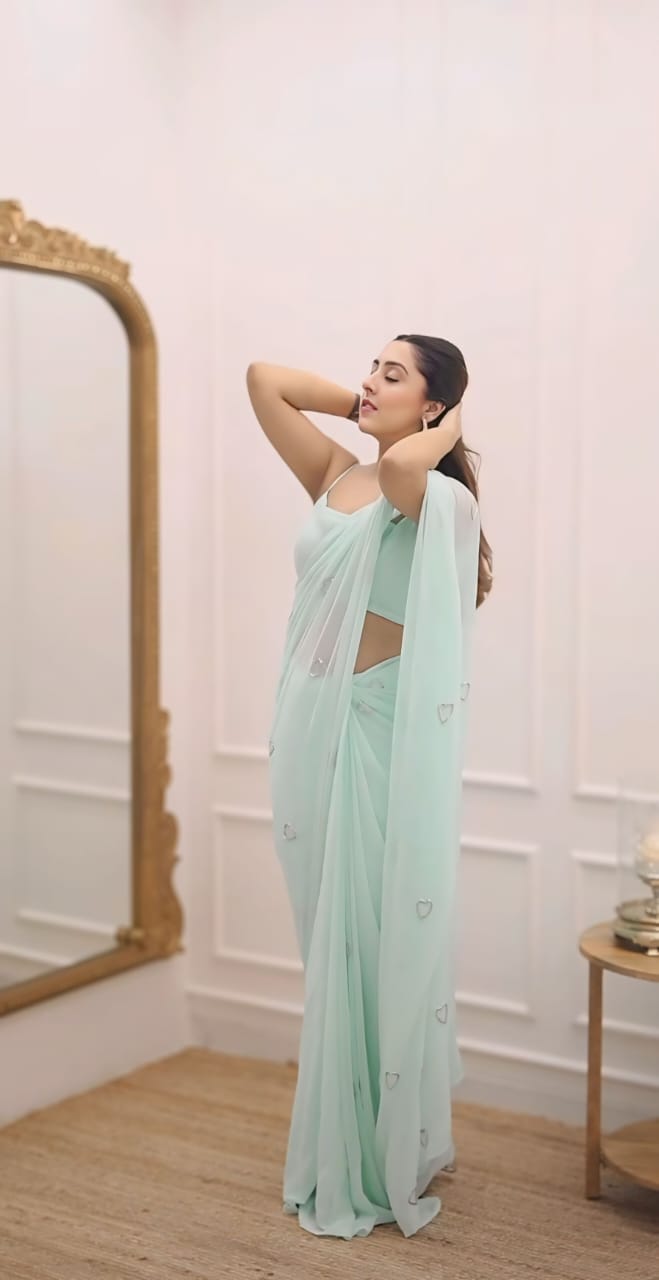 ColorKriti 1 Minute Ready To Wear Greenish Cyan Digital Printed Georgette Silk Saree