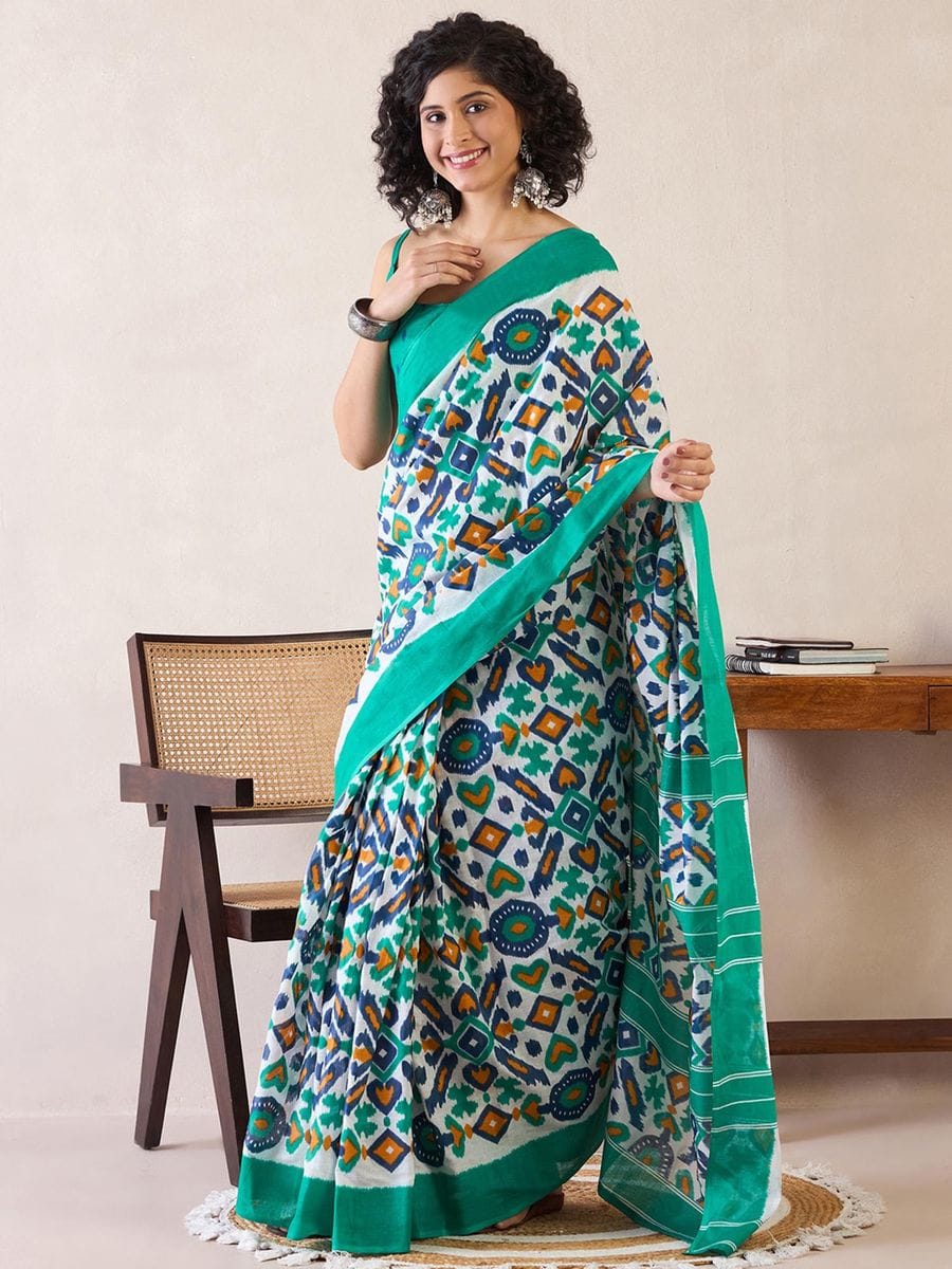 Bouttel green 1 Minute Ready To Wear Mul Mul Cotton Digital Printed Saree With Pocket