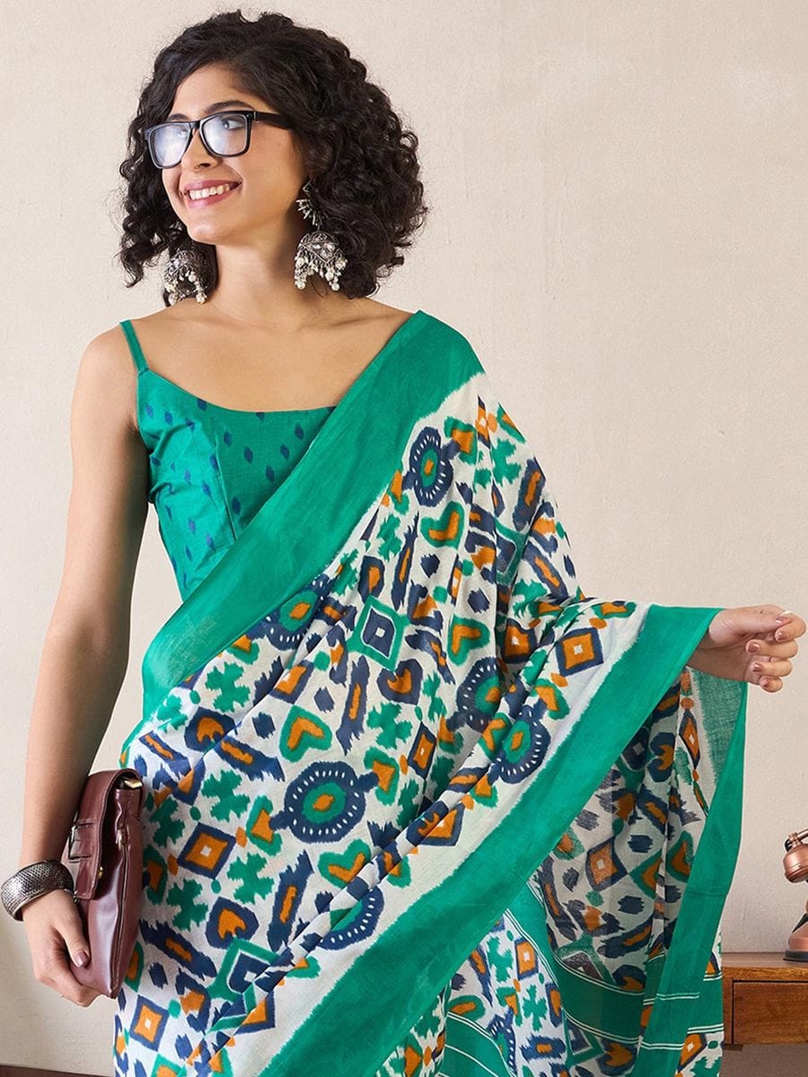 Bouttel green 1 Minute Ready To Wear Mul Mul Cotton Digital Printed Saree With Pocket