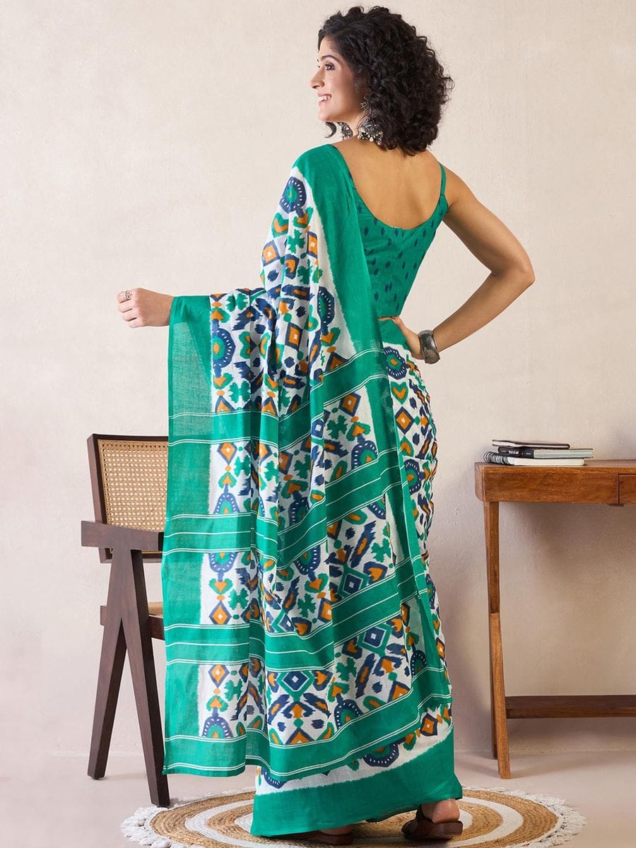 Bouttel green 1 Minute Ready To Wear Mul Mul Cotton Digital Printed Saree With Pocket