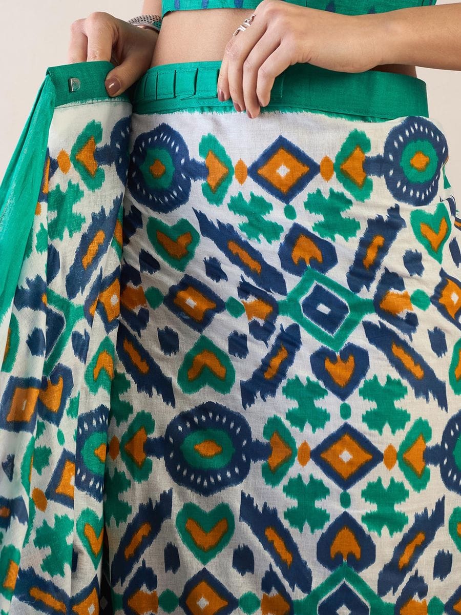 Bouttel green 1 Minute Ready To Wear Mul Mul Cotton Digital Printed Saree With Pocket