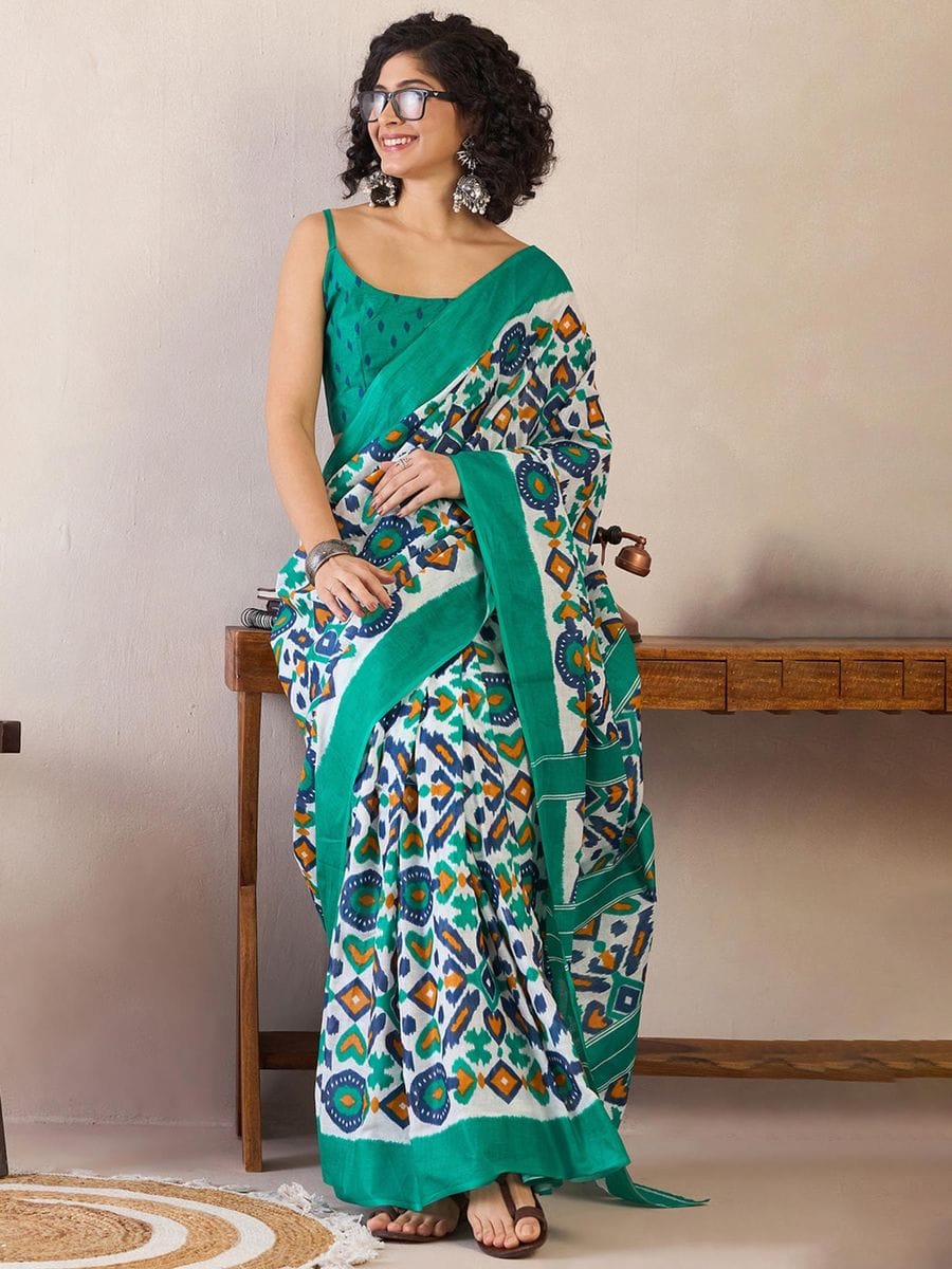 Bouttel green 1 Minute Ready To Wear Mul Mul Cotton Digital Printed Saree With Pocket