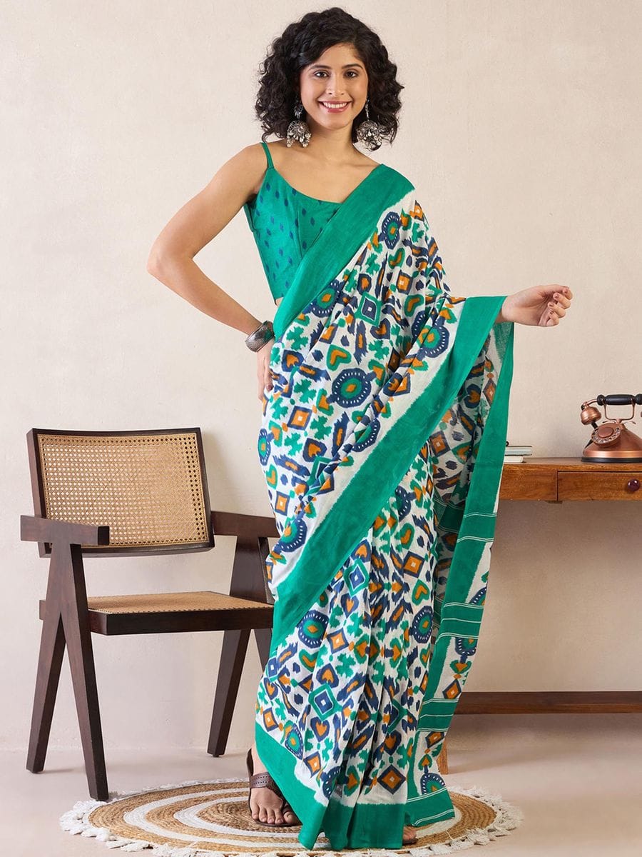 Bouttel green 1 Minute Ready To Wear Mul Mul Cotton Digital Printed Saree With Pocket
