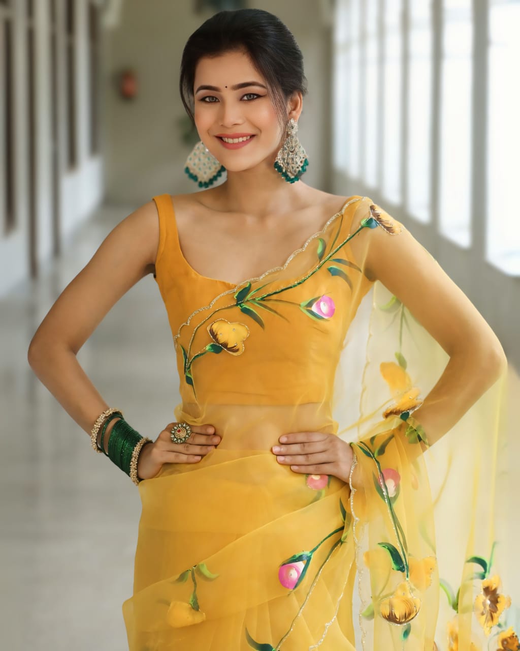 Flamboyant yellow 1 Minute Ready To Wear Organza Saree