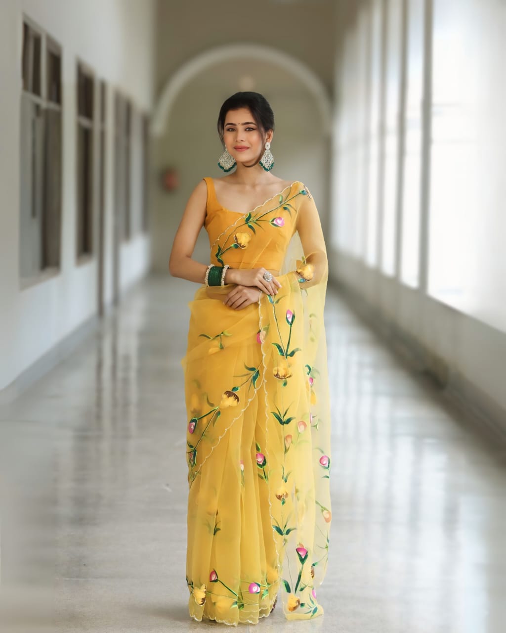 Flamboyant yellow 1 Minute Ready To Wear Organza Saree