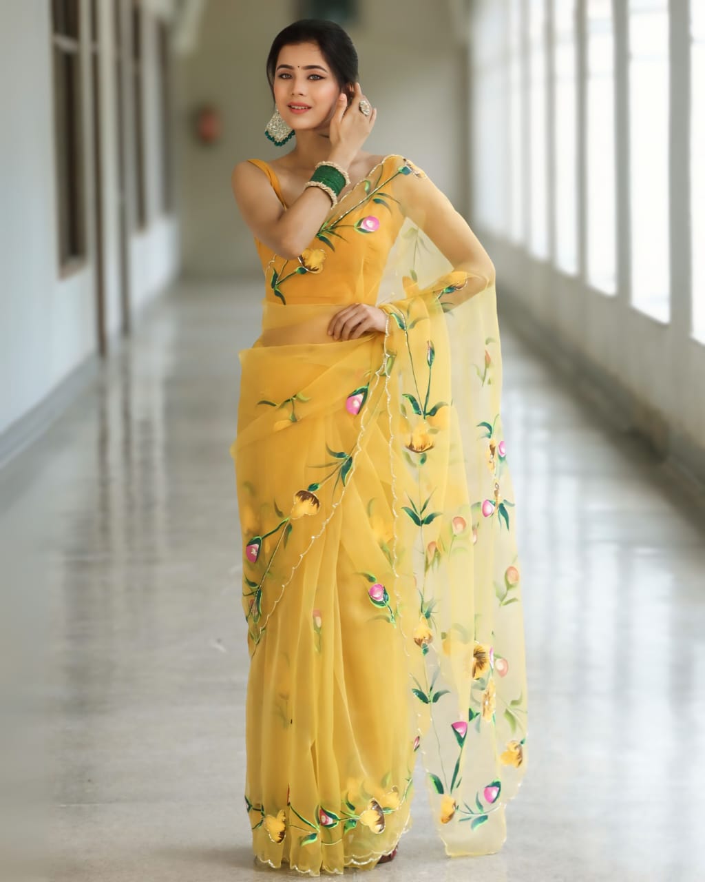 Flamboyant yellow 1 Minute Ready To Wear Organza Saree