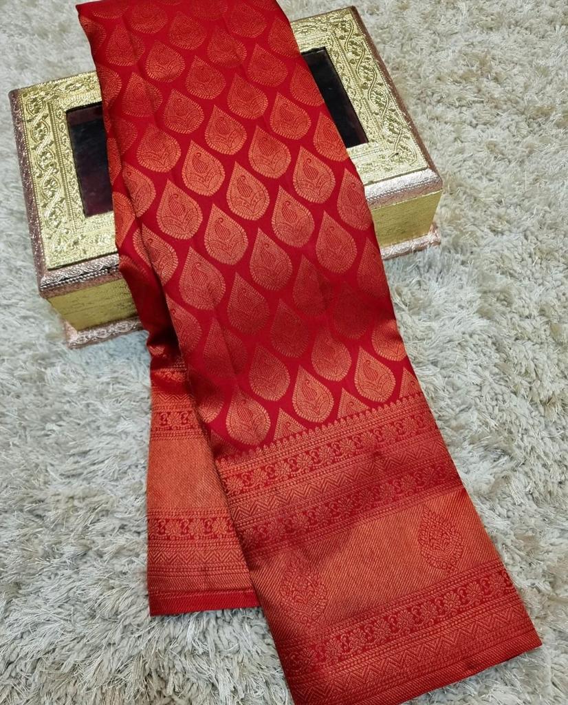 A Dreamy Red Color Soft Banarasi Silk Saree With Blouse Piece