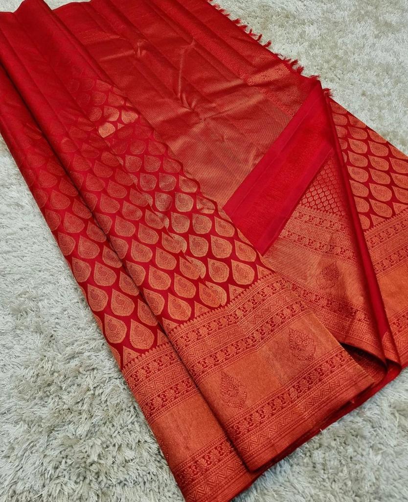 A Dreamy Red Color Soft Banarasi Silk Saree With Blouse Piece