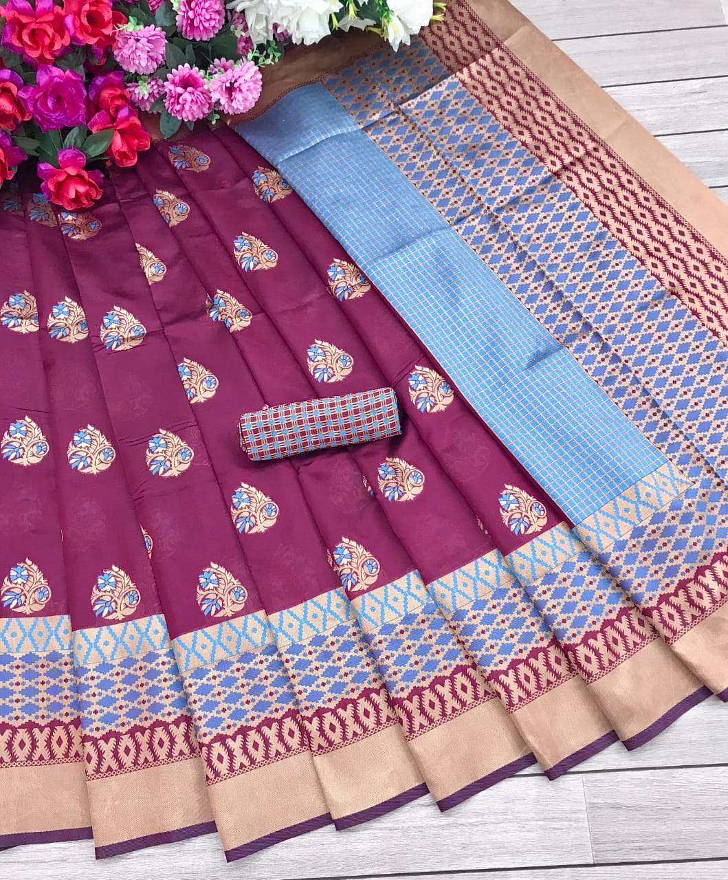 Amazing Wine  Color Soft Banarasi Silk Saree With Blouse Piece