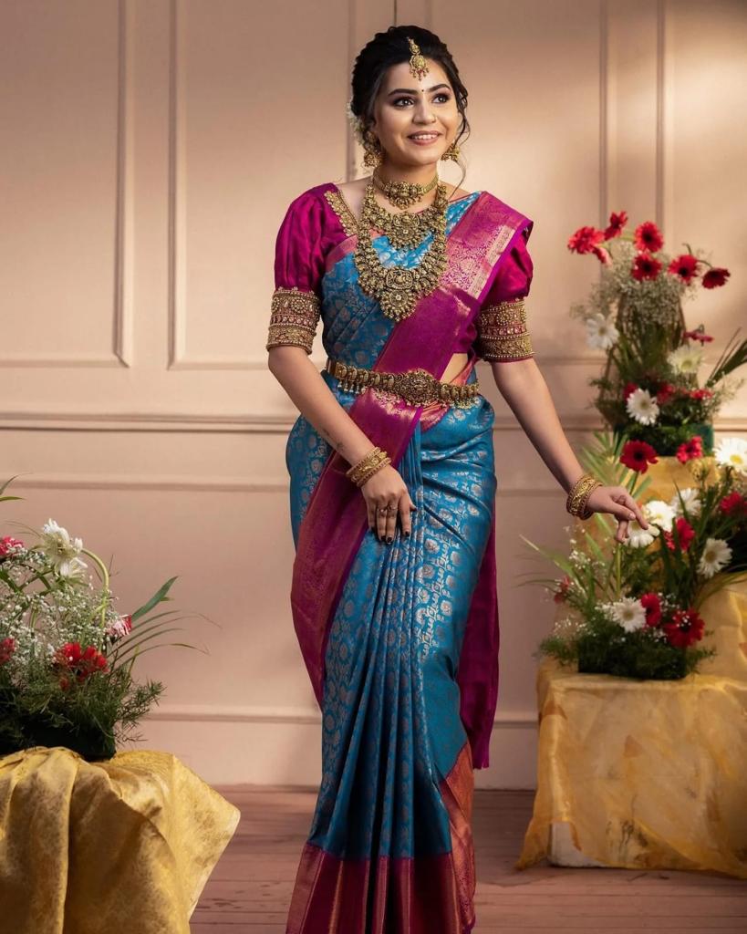 Efflorescence Blue Color Soft Banarasi Silk Saree With Blouse Piece