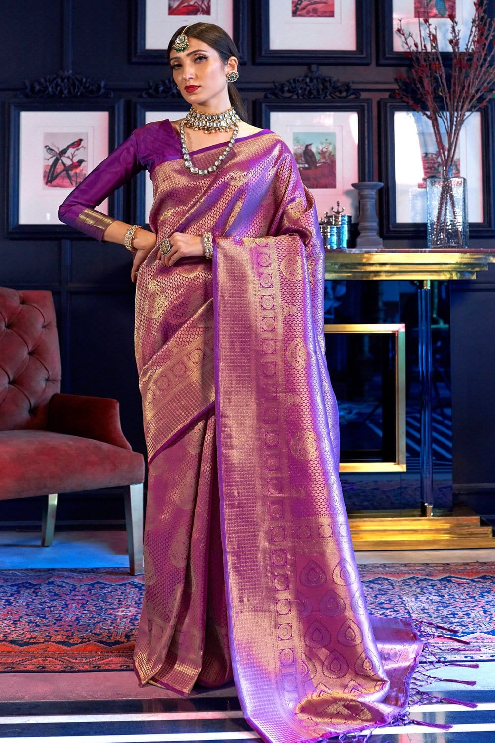 Dalliance Purple Kanjivaram Silk Saree With Cynosure Blouse Piece