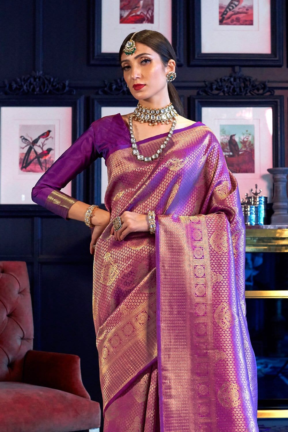 Dalliance Purple Kanjivaram Silk Saree With Cynosure Blouse Piece