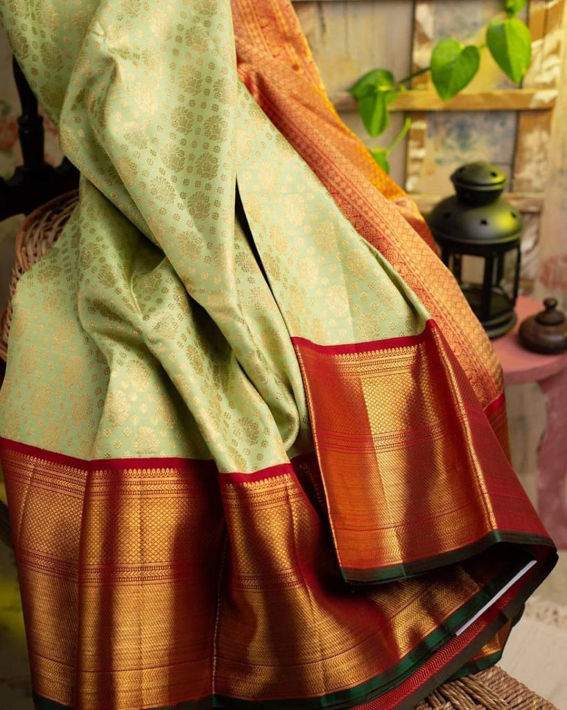 Dazzling Pista Color Soft Banarasi Silk Saree With Blouse Piece