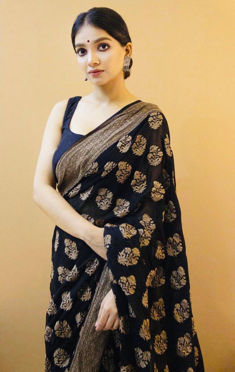 Tremendous Black Color Soft Silk Saree With Blouse Piece