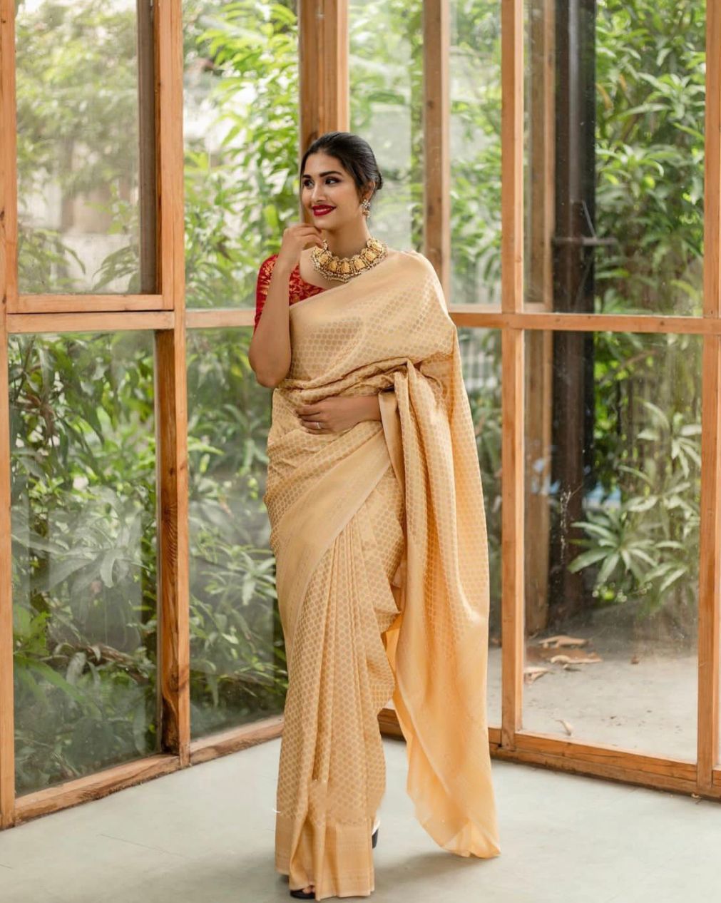 Beige-Grey Pure Kora Silk Banarasi Handloom Saree - Tilfi