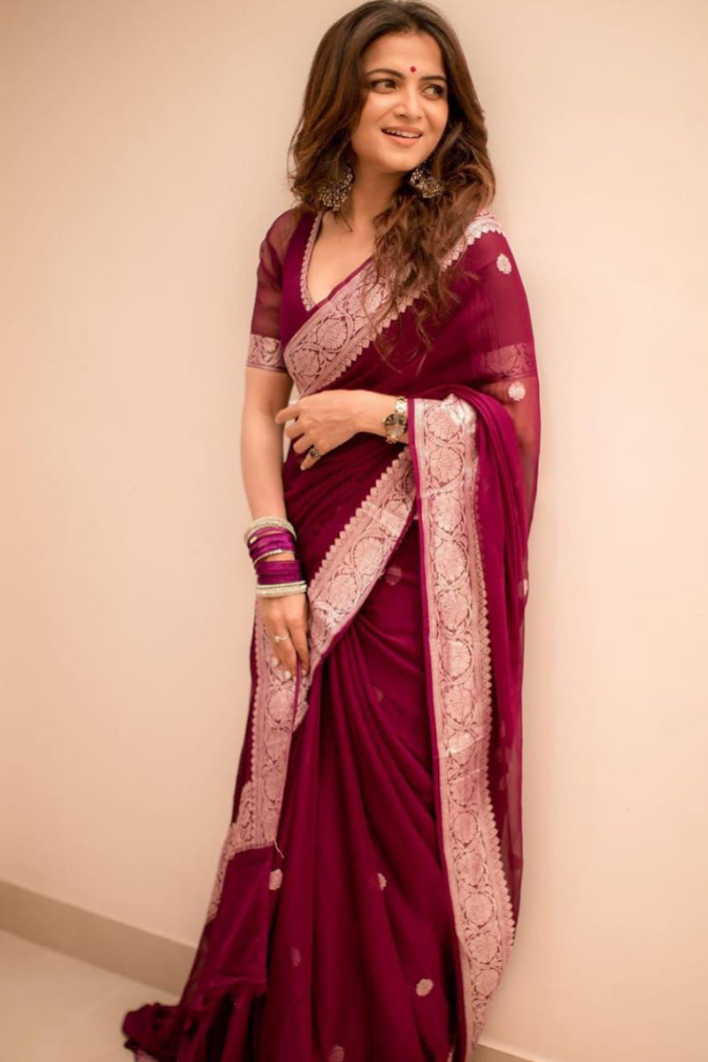 Chatoyant Wine Color Soft Silk Saree With Classic Blouse Piece