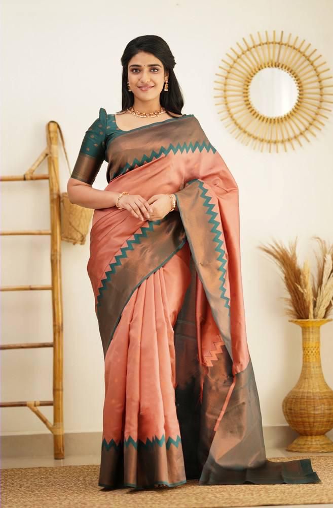 Adorning Peach Color Soft Silk Saree With Blouse Piece