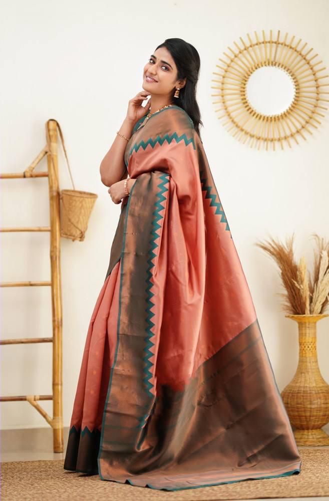 Adorning Peach Color Soft Silk Saree With Blouse Piece