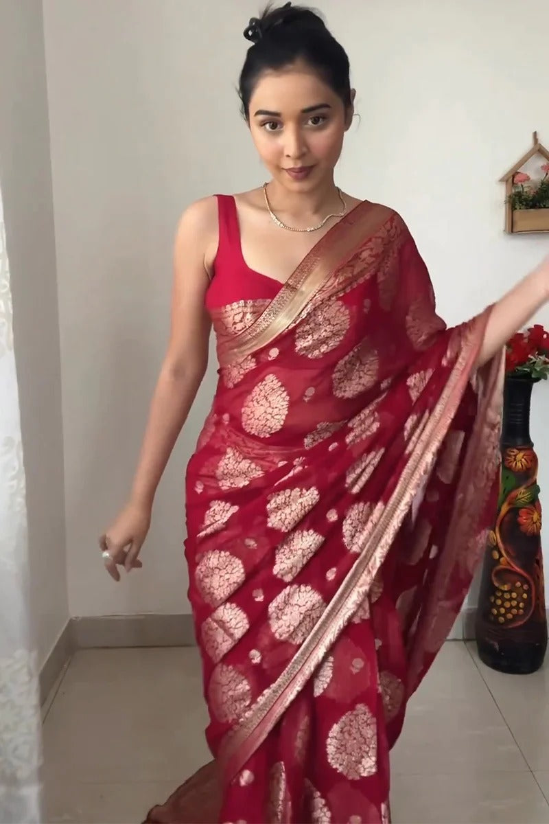 Conflate 1 Minute Ready To Wear Red Silk Saree With Unstitched Blouse