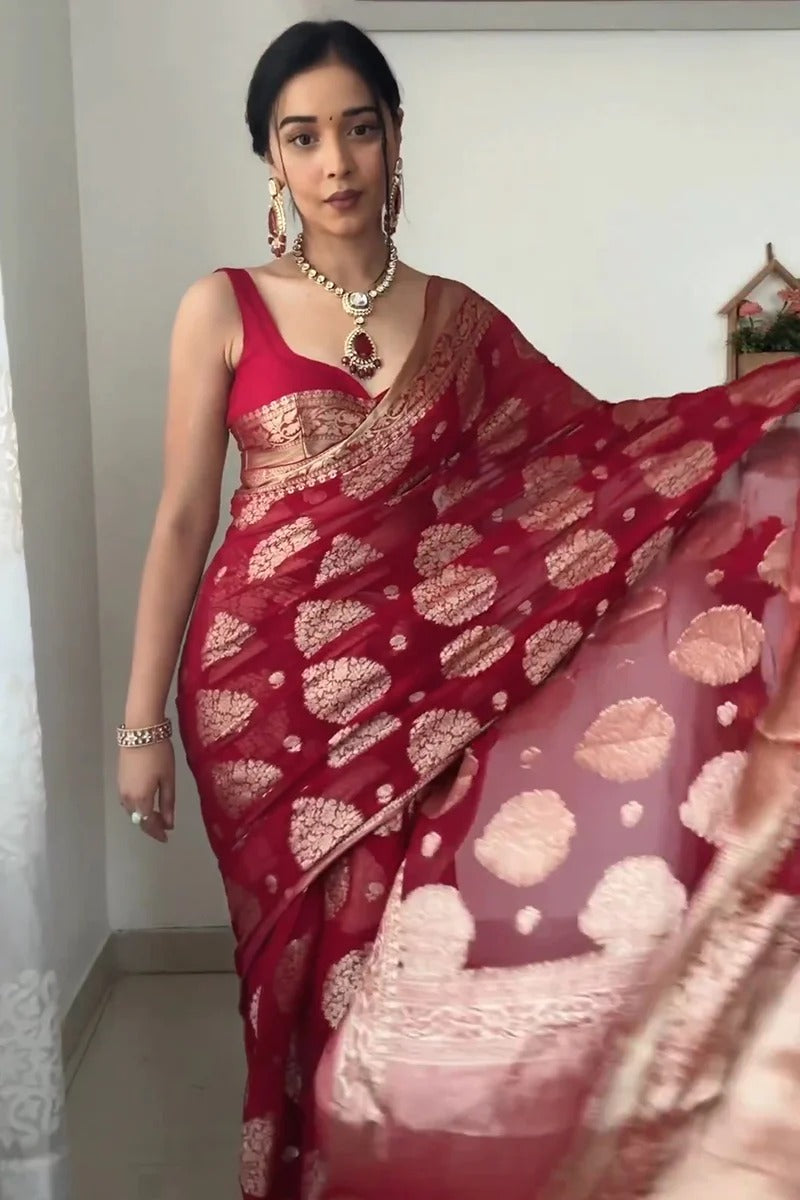 Conflate 1 Minute Ready To Wear Red Silk Saree With Unstitched Blouse