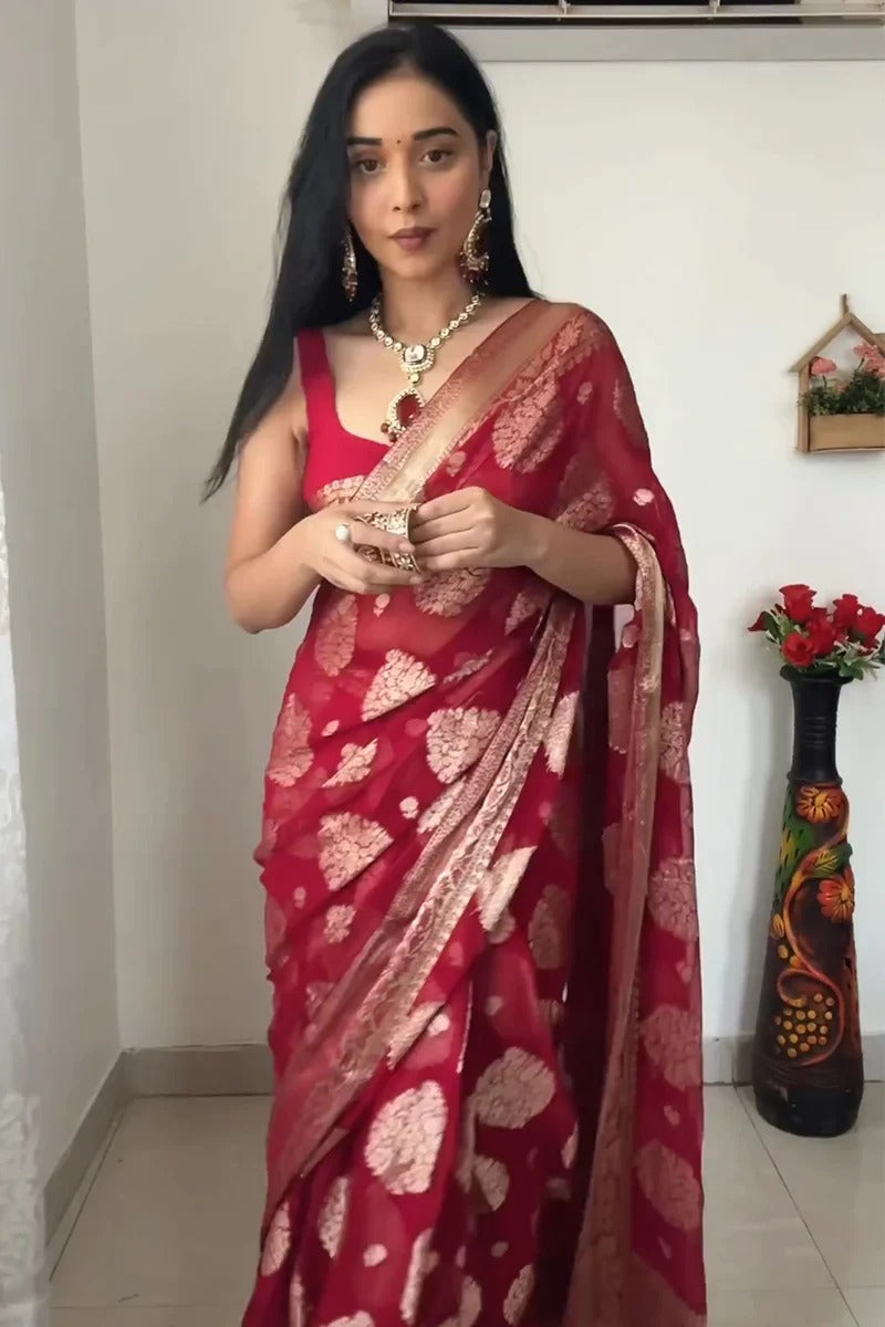 Conflate 1 Minute Ready To Wear Red Silk Saree With Unstitched Blouse