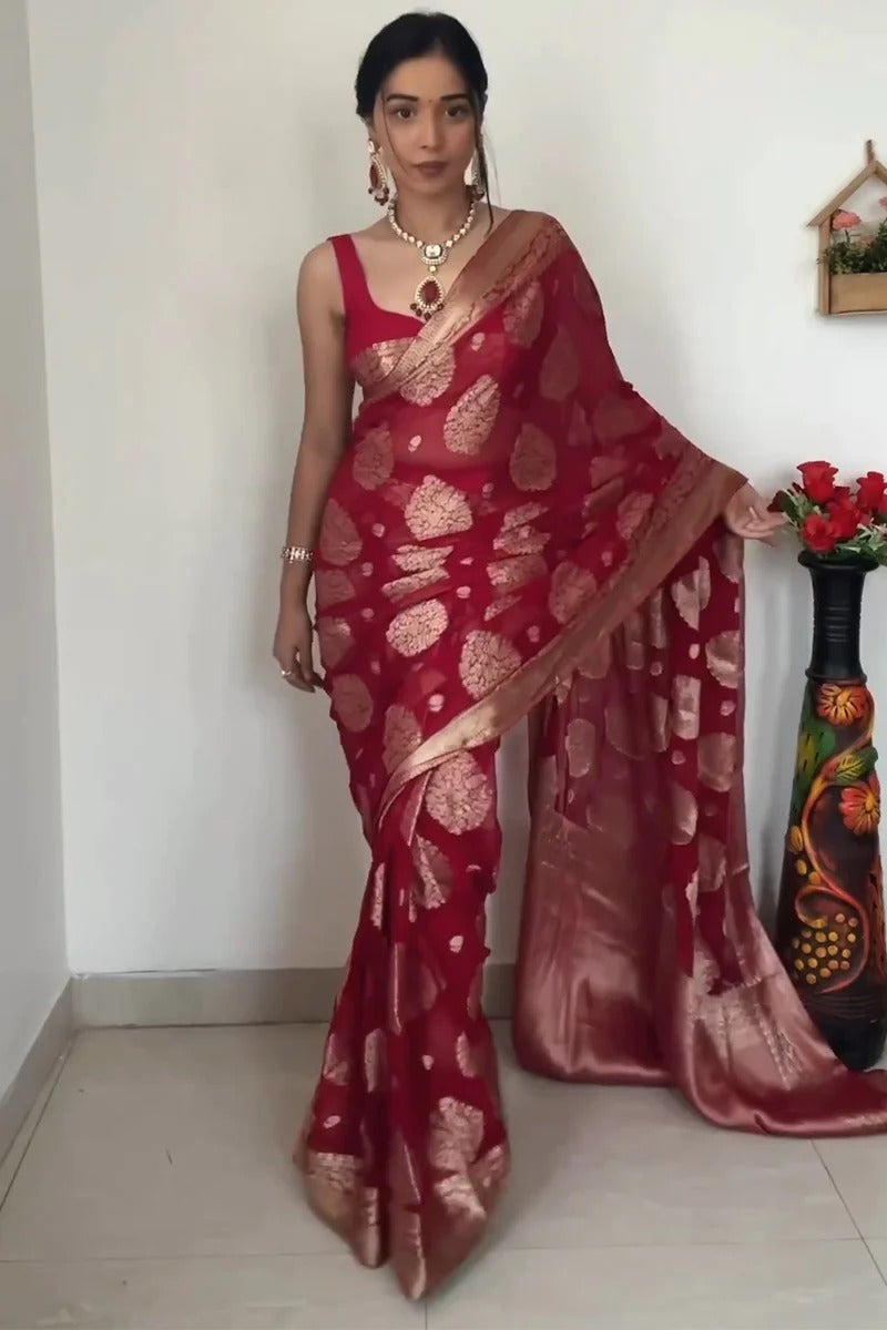 Conflate 1 Minute Ready To Wear Red Silk Saree With Unstitched Blouse