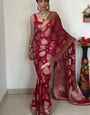 Conflate 1 Minute Ready To Wear Red Silk Saree With Unstitched Blouse