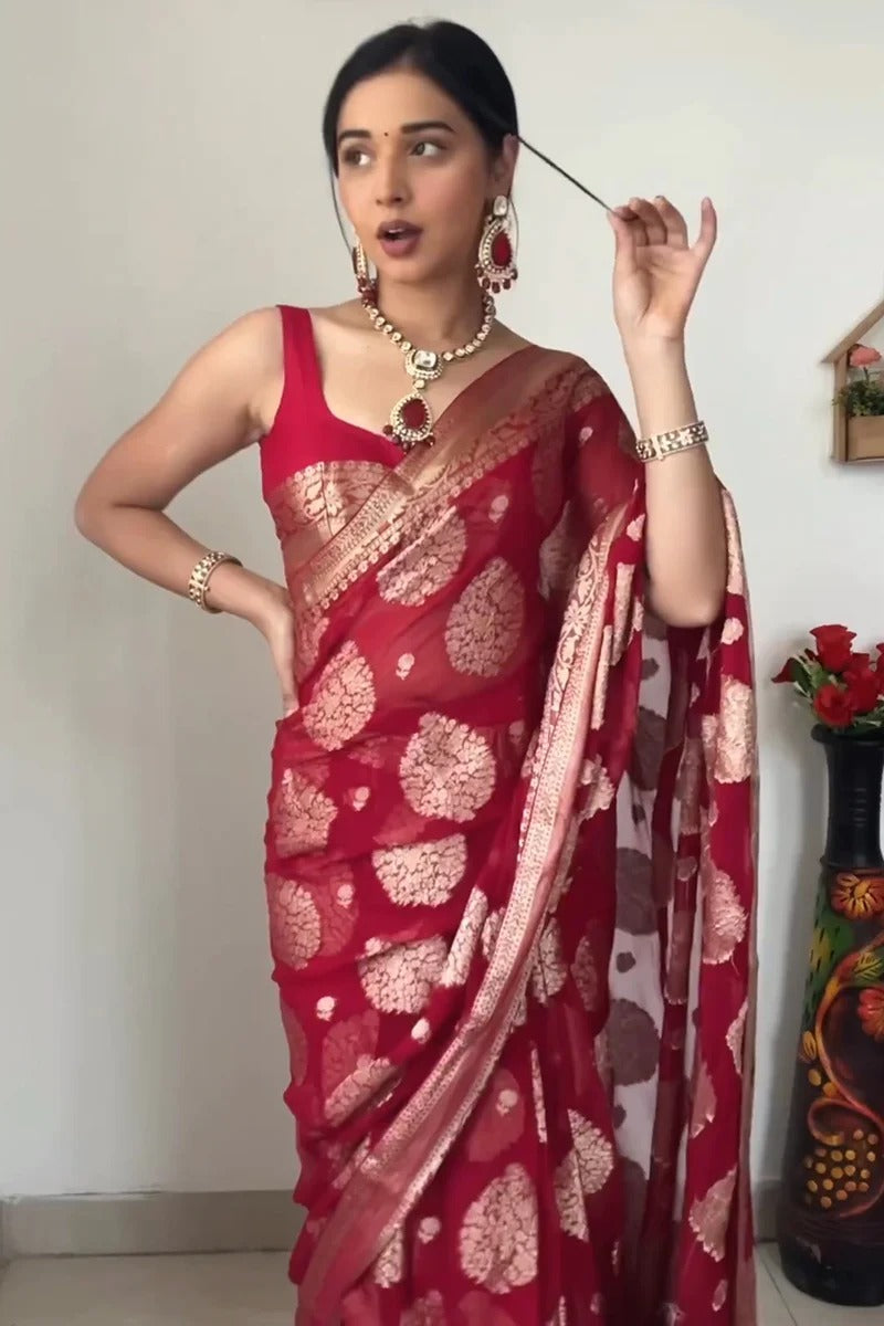 Conflate 1 Minute Ready To Wear Red Silk Saree With Unstitched Blouse