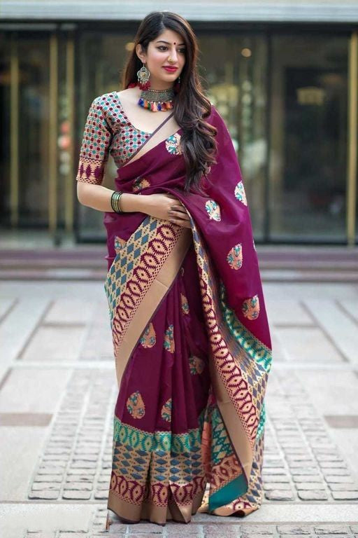 Amazing Wine  Color Soft Banarasi Silk Saree With Blouse Piece